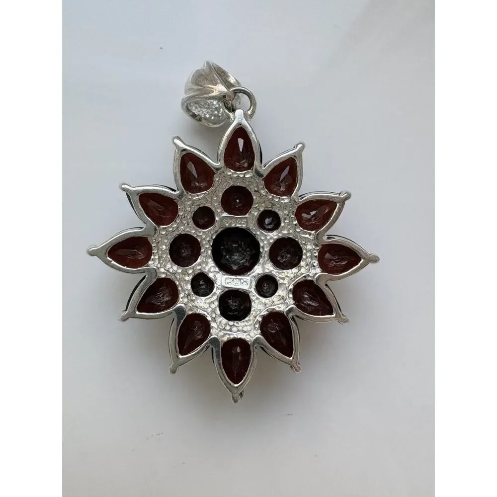Estate Large Sterling Silver Garnet Pear & Round Cut Sunburst Pendant 14.24cttw